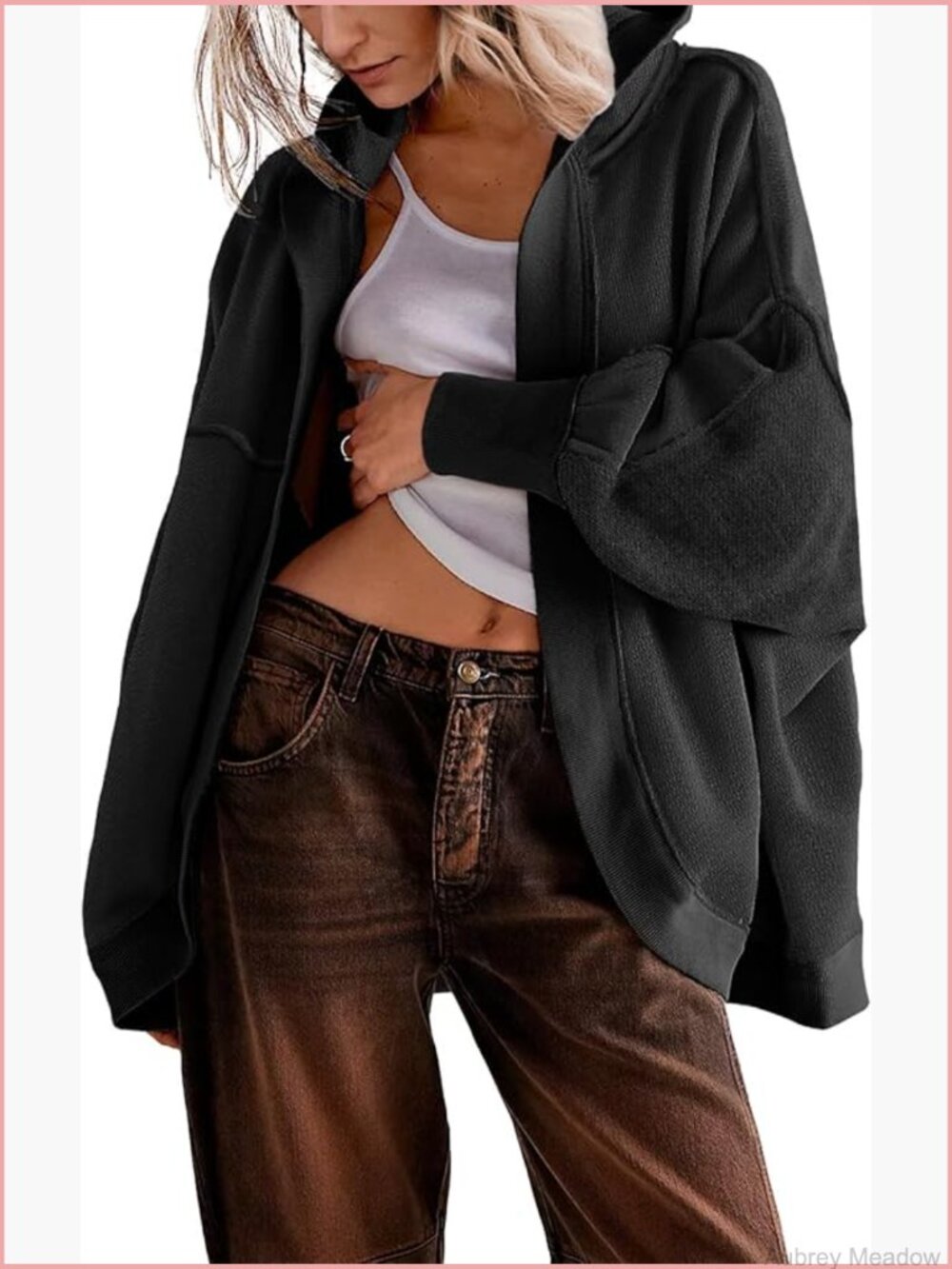 Drop Shoulder Oversized Sweatshirt Cardigan Open Front Hoodie